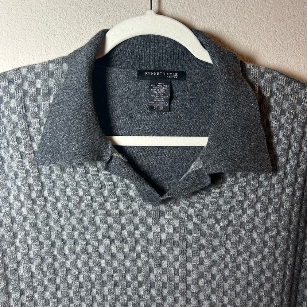 Mens Large Sweater with Collar Grey Lambs Wool Checker Preppy Kenneth Cole